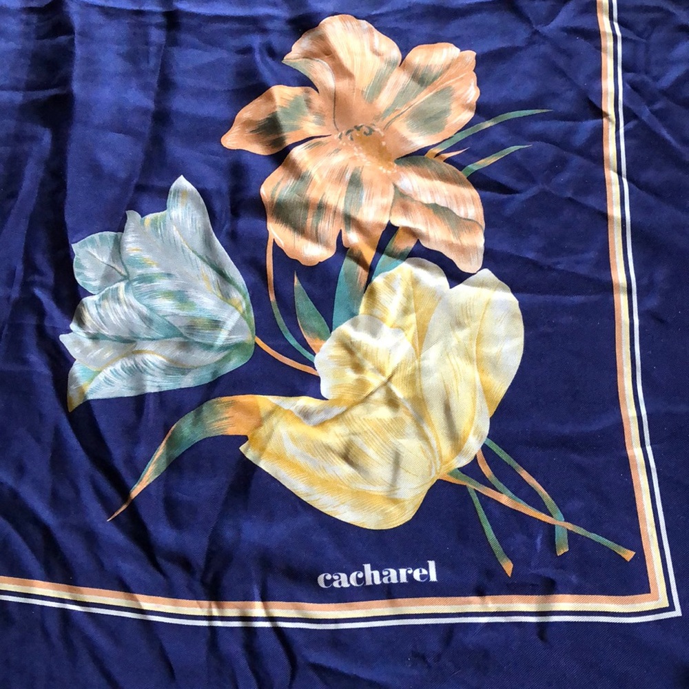 Cacharel Navy, peach , yellow , and green scarf.